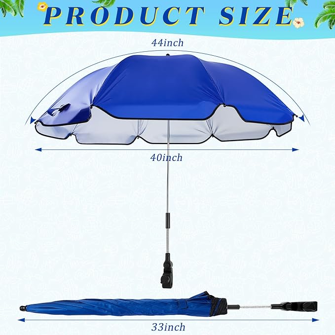 Buryeah 2 Pcs Beach Chair Umbrella Automatic with Universal Adjustable Clamp 44" UPF 50+ Portable Clamp on Beach Chair for Wheelchair Patio Golf Carts Camping