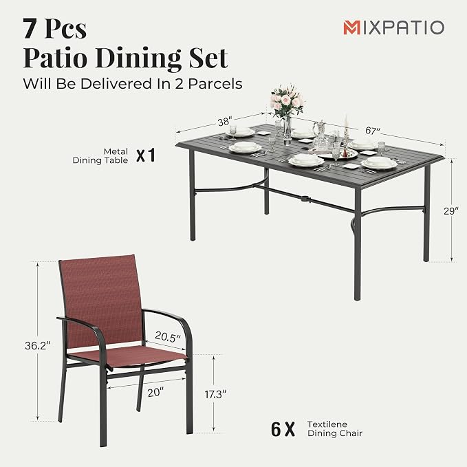 MIXPATIO 7-Piece Outdoor Dining Set 6 Red Textilene Chairs and Steel Rectangle Table with 1.97” Umbrella Hole for Deck Garden Backyard Lawn Poolside