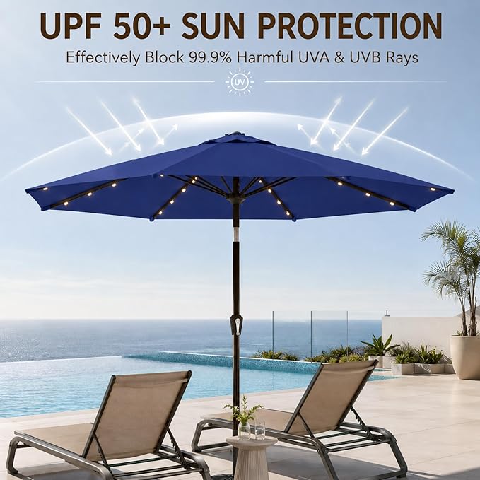 10FT Solar Lighted Patio Umbrella, Outdoor Table Market Umbrellas with Push Button Tilt and Crank, 32 LED Lights, 8 Sturdy Ribs, UV-Resistant for Deck, Garden, Pool
