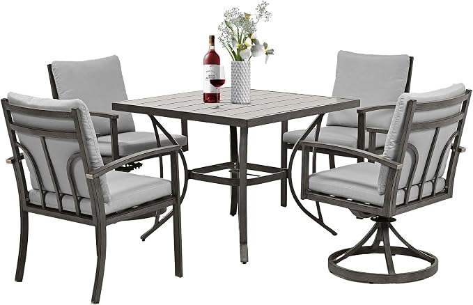 HAPPATIO 5-Piece Patio Outdoor Dining Sets - All Aluminum Outdoor Patio Table and Chairs Set for 4 Includes 1 Square Dining Table, 2 Dining Chairs, and 2 Swivel Dining Chairs, for Lawn or Garden