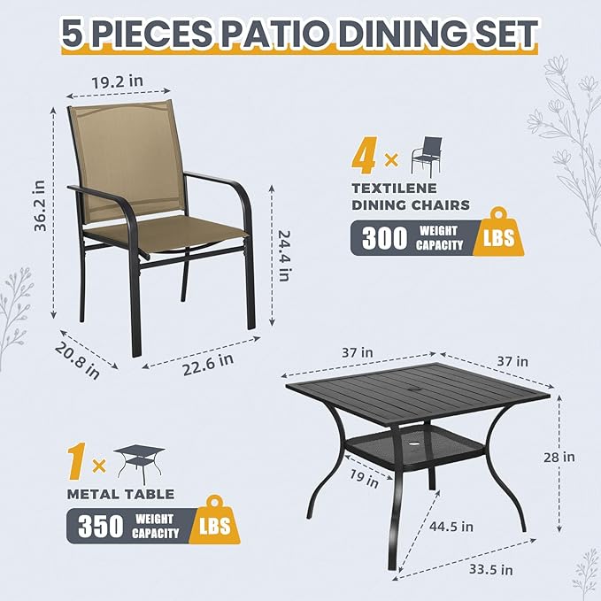 5-Piece Patio Dining Set,4 Person Outdoor Table and Chairs Set, 4 Metal Dining Chairs and Square Outdoor Table with 1.57" Umbrella Hole,Khaki