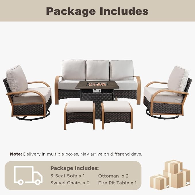 Belord 6 Piece Patio Furniture Set with Fire Pit Table,All Weather Conversation Set with 6-Inch Thick Cushions,Wicker Swivel Rocker Chairs and 3 Seater Wicker Sofa for Deck Proch Pool Garden Backyard