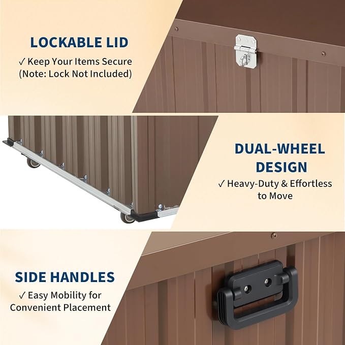 Metal Deck Box Outdoor Patio Storage Container with Wheels, 150 Gallon Heavy-Duty Steel Storage Chest Built with Galvanized Frame & Coated Panels, Large Weather-Resistant Bin for Deck, Porch, Pools