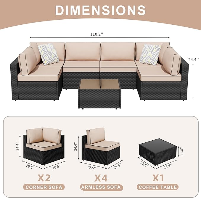 JAMFLY 7-Piece Outdoor Patio Furniture Set, Modular PE Rattan Sectional Sofa with Thick Cushions & Glass Coffee Table, Weather-Resistant Wicker Conversation Set for Poolside, Balcony, Garden, Khaki