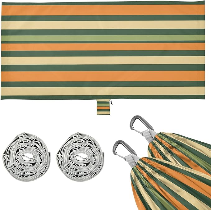 Camping Hammock Outdoor Hammocks for Outside Stripe Green Orange Beach Trees Portable Lightweight with Pockets Tree Straps Indoor