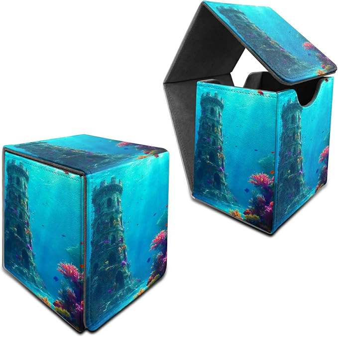 Underwater Castle Card Deck Box for MTG, Personalized Card Storage Case Fits 120+ Sleeved Cards, Premium Leather TCG Box with Strong Magnetic Closure for Magic, CCG, PTCG, Baseball Cards