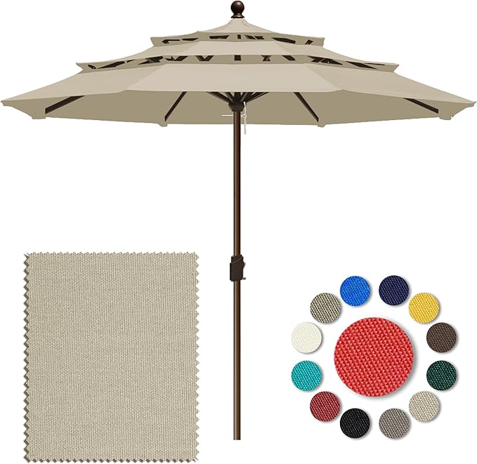 Eurmax USA 10-Year-Non-Fading 10FT 3-Tier Outdoor Patio Market Umbrella,UPF50+ UV Resistant,Heavy Duty Commercial Grade,Crank Lift Design,Windproof Vented Top for Garden,Pool,Deck,Antique Beige