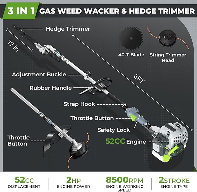 52CC Gas Powered Weed Wacker, 3-IN-1 2-Stroke Backpack Gas Powered Hedge Trimmer, Weed Eater String Trimmer, Brush Cutter 40-Tooth Blade with Shoulder Strap & Safety Lock for Home Garden Lawn Trimming