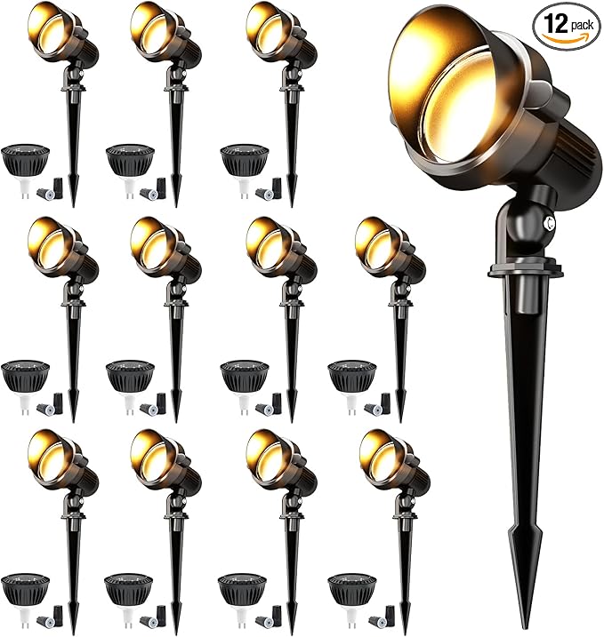 LED Landscape spotlights Yard: 10W MR16 Low Voltage Landscape Lights 12-24V 3000K Warm White - Outdoor Garden Driveway Wall Lighting for Contractors - 12 Pack