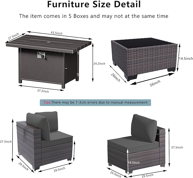 Outdoor Terrace Furniture Set, 8 Piece Outdoor Furniture Set, with 43 inch Aluminum 55000 BTU Propane fire Pit, PE Willow Vine Terrace Dialogue Set - Grey.