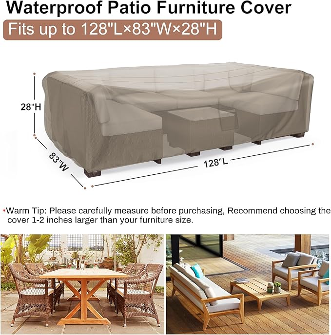 Mrrihand Heavy Duty Patio Furniture Covers, Outdoor Furniture Covers Waterproof Sectional Sofa Set , Patio Table and Chair Set Cover 128"L×83"W×28"H,Brown