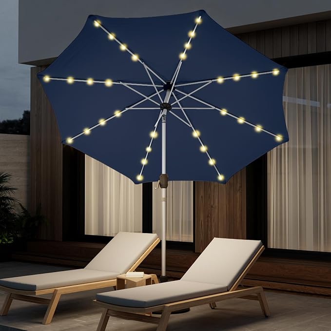 10FT 40-LED Solar Lighted Aluminum Patio Umbrella, Fade-Resistant Outdoor Market Table Umbrella with Push Button Tilt Function, 8 Sturdy All-Aluminum Ribs for Gardens, Decks, Backyards & Pools
