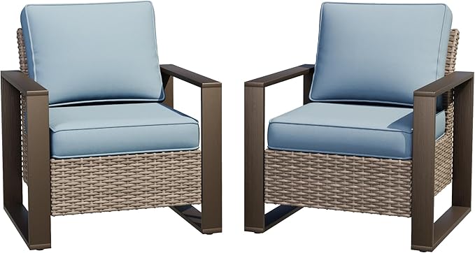 Joyside Outdoor Patio Chairs Set, 2 Pieces Wicker Rattan Chairs with Metal Wide Armrest, Thick Cushions and Deep Seating for Garden, Backyard, Porch, Deck