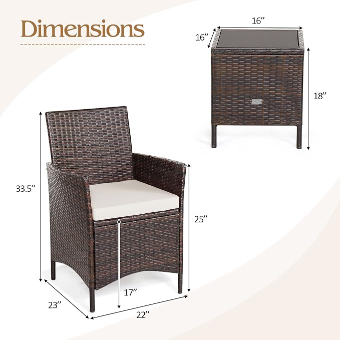 COSTWAY 3 Pieces Patio Rattan Furniture Set, Outdoor Wicker Cushioned Sofa with Tempered Glass Tabletop, Rattan Conversation Set for Porch Yard Balcony Backyard Pool, White