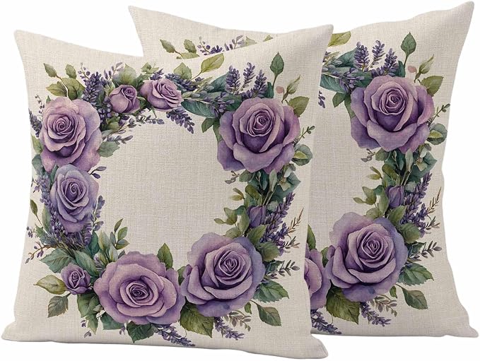 Spring Flower Outdoor Waterproof Throw Pillow Covers Set of 2, 26"x26", Purple Rose Wreath Blooming Floral Retro Decorative Pillow Covers Outside Cushion Case for Patio Porch Garden