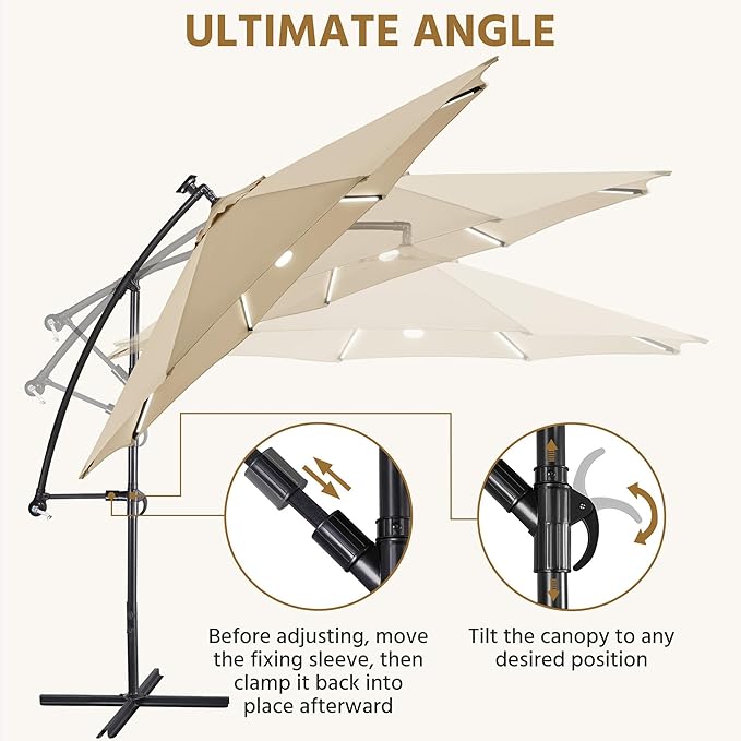 Yaheetech 10 FT Solar Powered LED Patio Umbrella Outdoor Cantilever Umbrella, UV Protection & Windproof, Offset Hanging Sunshade w/Strip Lights & Hub Light for Backyard Garden Pool