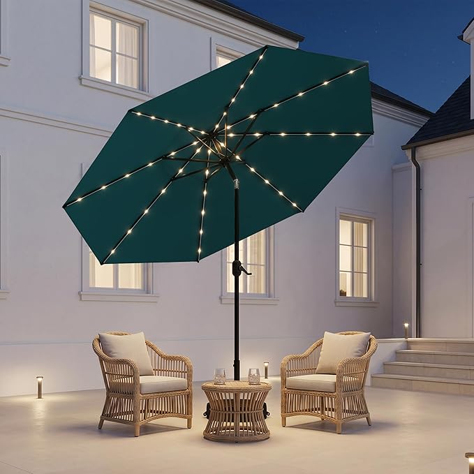 PURPLE LEAF 10' Round Patio Umbrella with Solar LED Outdoor Table Umbrella Aluminum Frame Market Umbrella with 8 Sturdy Ribs & Tilt for Garden Deck Lawn Pool Turquoise Blue