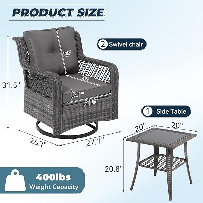 3 Pieces Patio Swivel Chairs, Wicker Patio Conversation Sets with Rocking Chair, Side Table for Outdoor Garden Porch Backyard(Light Grey)