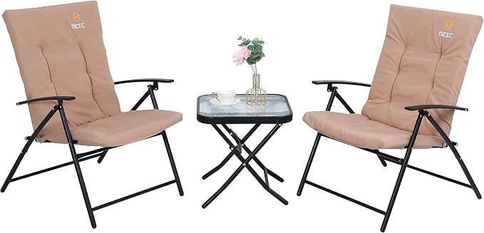 Nice C Patio Table and Chairs Set, Bistro Outdoor Table and Chairs, Bistro Set of 2, Garden Furniture Table Set, Glass Table and 2 Folding Chairs (Khaki-3 Piece)