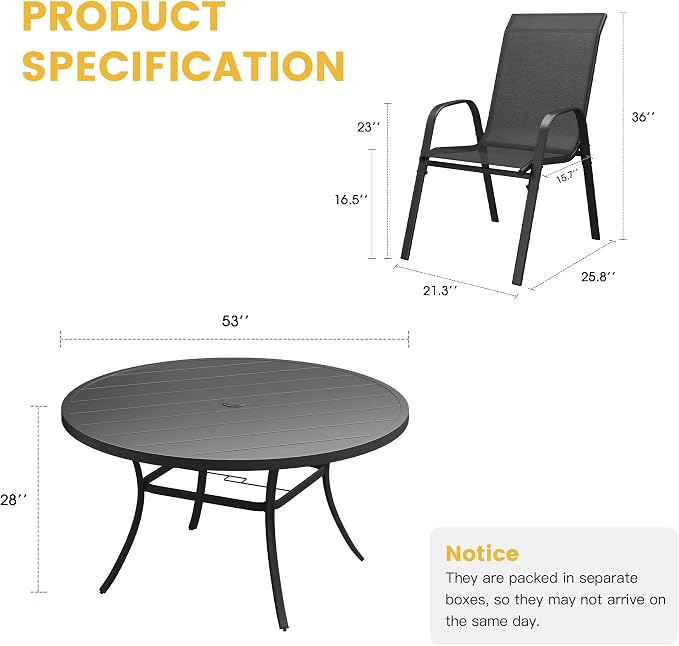 VICLLAX Outdoor Dining Set for 8, All Weather Metal 9 Pieces Patio Set-53 Round Outdoor Table and Stackable Chairs for Lawn Garden and Backyard, Black Tabletop