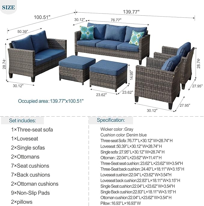 HOOOWOOO 6-Piece Luxury Patio Furniture Set–Comfortable Outdoor Rattan Sofa Set with Loveseat, 2 Chairs, 2 Ottoamns, Weather-Resistant Patio Conversation Set for Deck, Garden, Balcony (Denim Blue)