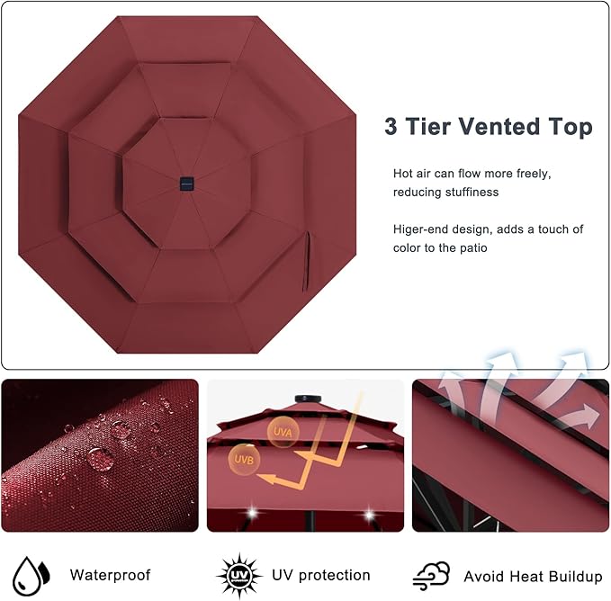 ABCCANOPY 10FT 3-Tiers Solar Led Patio Umbrellas (Burgundy)