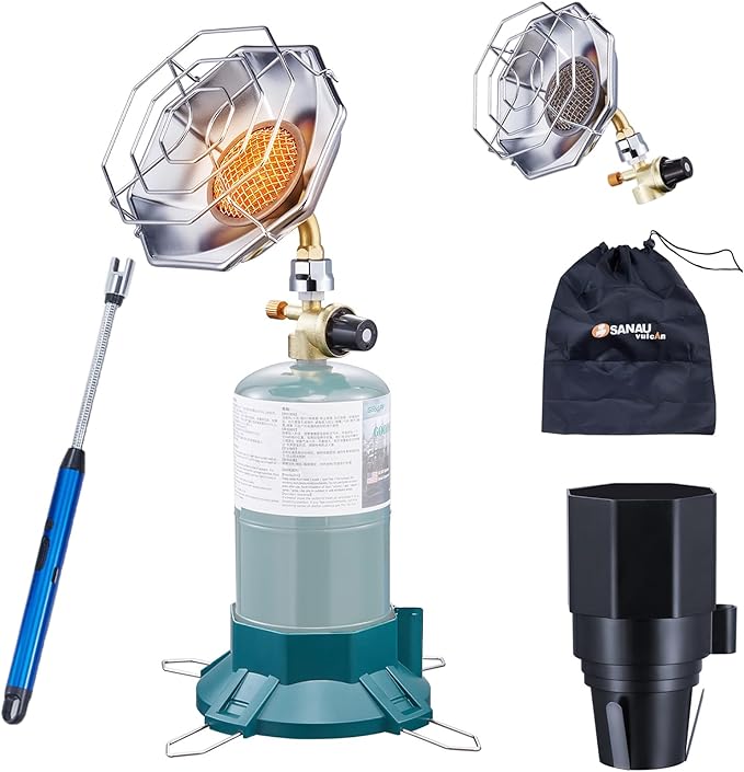 Portable Propane Heater 2-in-1, 6200BTU with Cup Holder & Cylinder Base, Camping Heater with Propane for Tent, Garage, Fishing, Compatible with 1lb Small Propane Tank (Fuel Not Included)