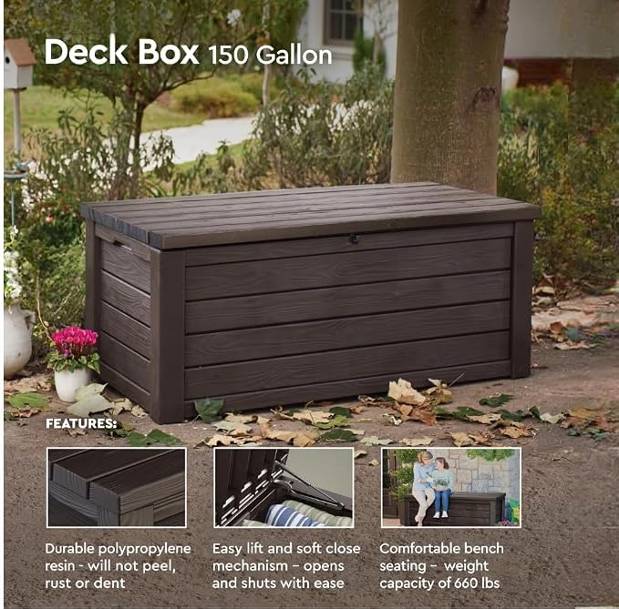 Outdoor Deck Box Storage, 150 Gallon, Brown Wood Grain, Polypropylene Resin, 61x28.34x25.19 Inches, Bench Seating 660 lbs Capacity