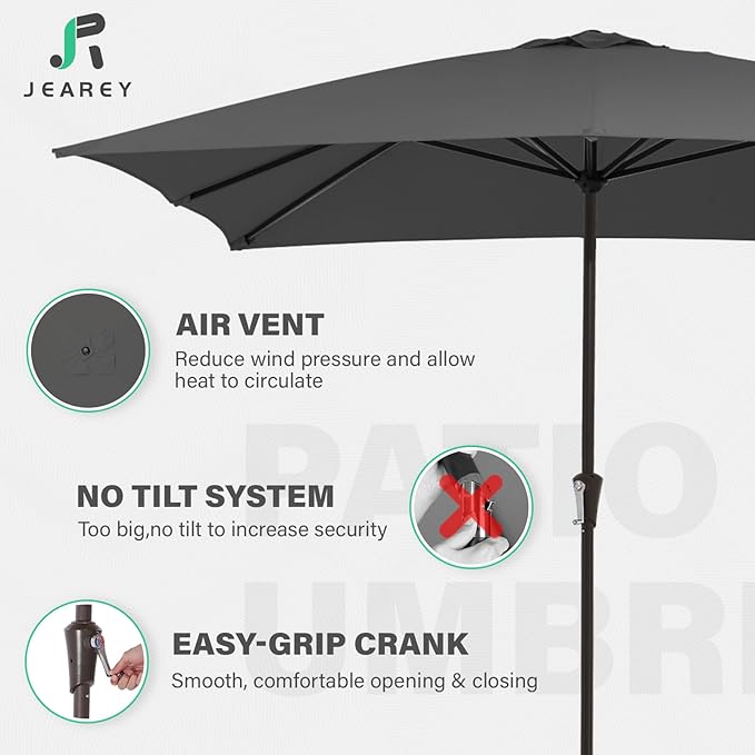 JEAREY 8x10 ft Rectangular Patio Umbrellas Outdoor Table Market Umbrella w/Crank, 8 Sturdy Ribs, UV Protection Windproof Sunproof for Garden, Deck, Backyard, Pool(Gray)