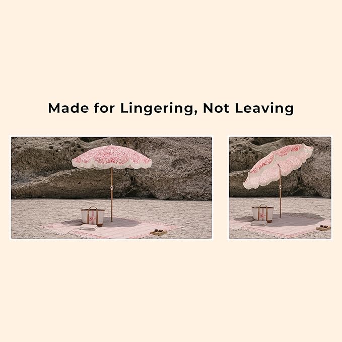 6FT Fringe Beach Umbrella for Sand, Boho Coastal Patio Umbrella with Tassels, UPF 50+ Sun Protection, Tilt, Carry Bag for Beach Vacation & Pool, Reef Crimson