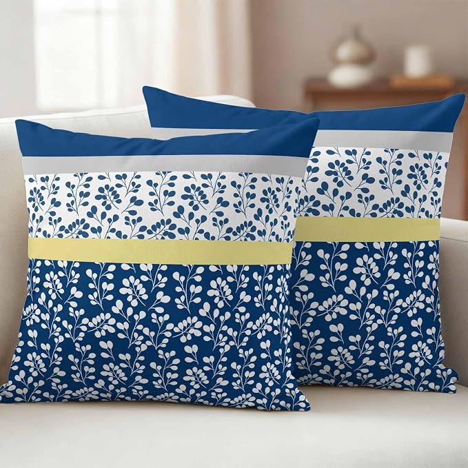 Blue Yellow Outdoor Pillow Covers 26x26 Inch Throw Pillow Covers Set of 2 Waterproof Decorative Pillow Cases Botanical Floral Motifs Wildflower Striped Cushion Covers for Patio Furniture Garden Couch
