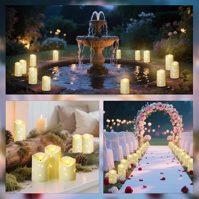 kakoya Outdoor Waterproof Flickering Flameless Candles with Embedded Star String,2Pcs LED Pillar Candles Battery Operated with Remote and Timers for Courtyard,Porch,Camping,Holiday Decoration(Ivory)