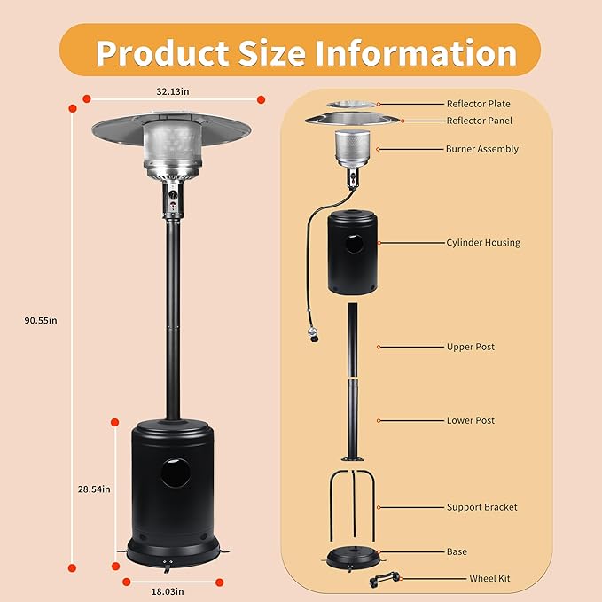 48,000 BTU Propane Patio Heater with Wheels – Outdoor Gas Heater for Backyard, Garden & Restaurant, Powder-Coated Steel Body with Easy Ignition & Safety Shut-Off