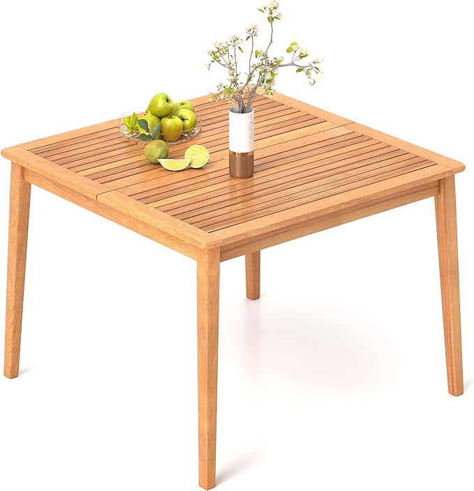 RELAX4LIFE Wooden Outdoor Dining Table for 4, 40" Square Acacia Wood Slatted Patio Table w/Umbrella Hole, Indoor Outdoor Bistro Table for Backyard Porch Garden, 4-Person Patio Dining Table