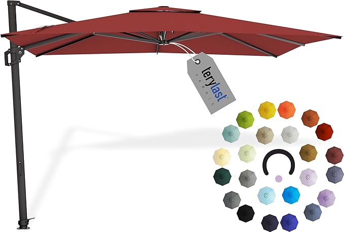 Midtown Umbrellas The Grande Square 9 x 9 FT Outdoor Cantilever Patio Umbrella w/Terylast Cherry (Burgundy) Polyester Fabric - 8 Rib Frame Offset w/Tilt & 360° Rotate Pedal System - Black Frame