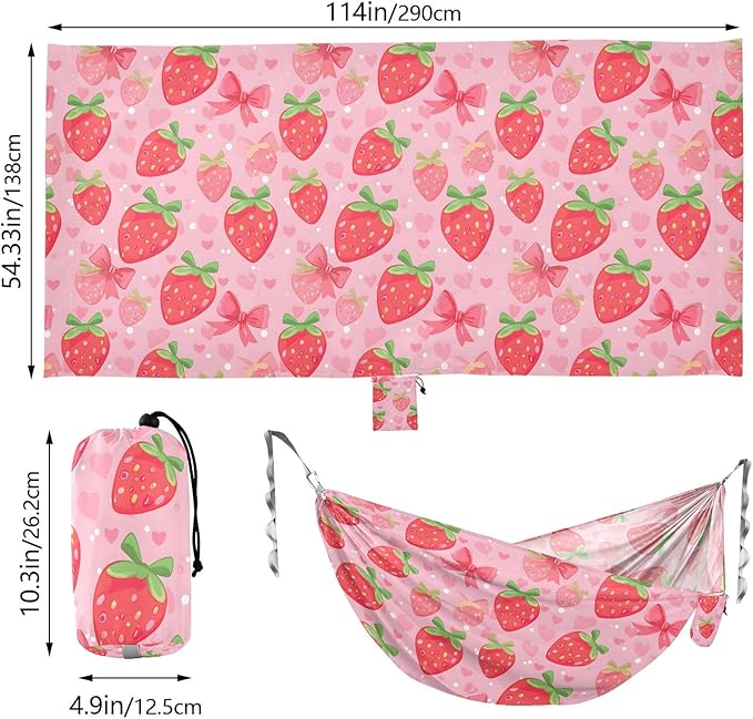 Camping Hammock Outdoor Hammocks for Outside Strawberry Bows Beach Trees Portable Lightweight with Pockets Tree Straps Indoor Small