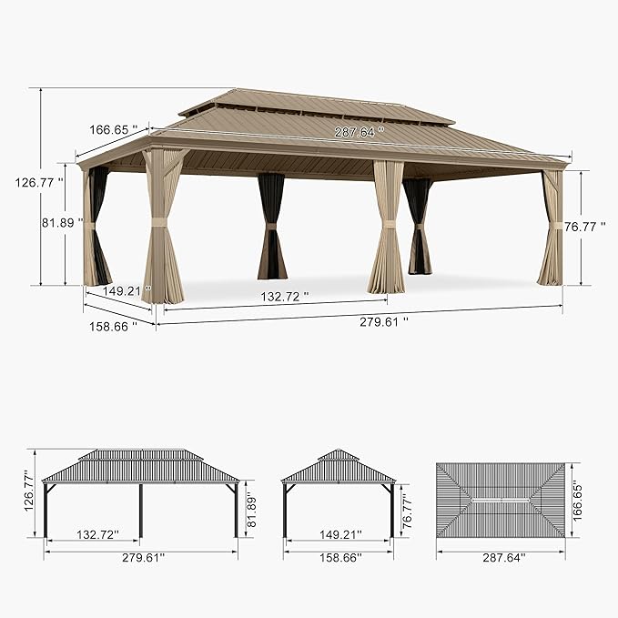 PURPLE LEAF Outdoor Gazebo 14'X24'，Champagne Hardtop Gazebo with Galvanized Steel Double Roof, Permanent Patio Gazebo with Curtains and Netting for Patio Lawn Garden and Deck