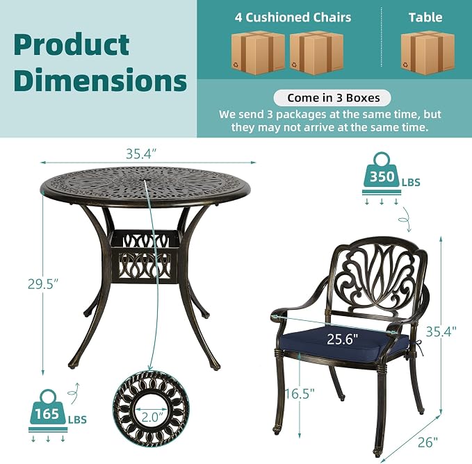 MEETWARM 5 Piece Outdoor Furniture Patio Dining Set, All-Weather Cast Aluminum Patio Table and Chairs Set- 4 Cushioned Chairs, 1 Round Dining Table with Umbrella Hole for Backyard, Navy Blue