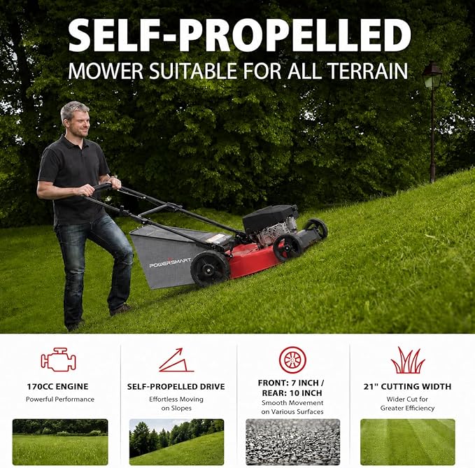 PowerSmart 21-Inch 3-in-1 Gas Self-Propelled Lawn Mower,170CC OHV Engine,Bagging/Mulching/Rear Discharging, 6 Cutting Heights, Durable Steel Deck, Rear-Wheel Drive, for Garden, Yard,