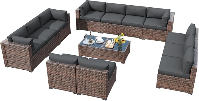 LazySunsets 14 Piece Outdoor Patio Furniture Set with Coffee Table, Outdoor Patio Furniture Sets with Waterproof Cover and Thicken Cushion, Wicker Outdoor Conversation Set for Backyard & Garden, Grey