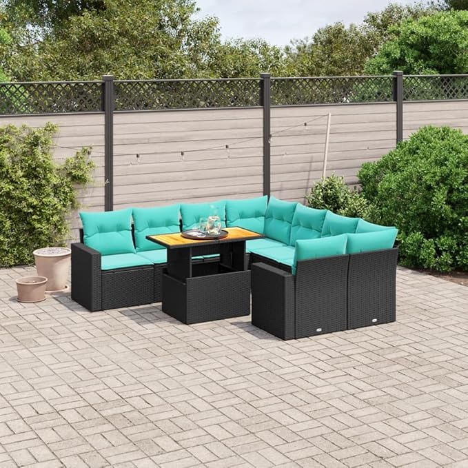 vidaXL Patio Sofa Set with Cushions 9 Piece, Outdoor Sectional Sofa Couch, Patio Conversation Set for Garden Backyard, Black Poly Rattan