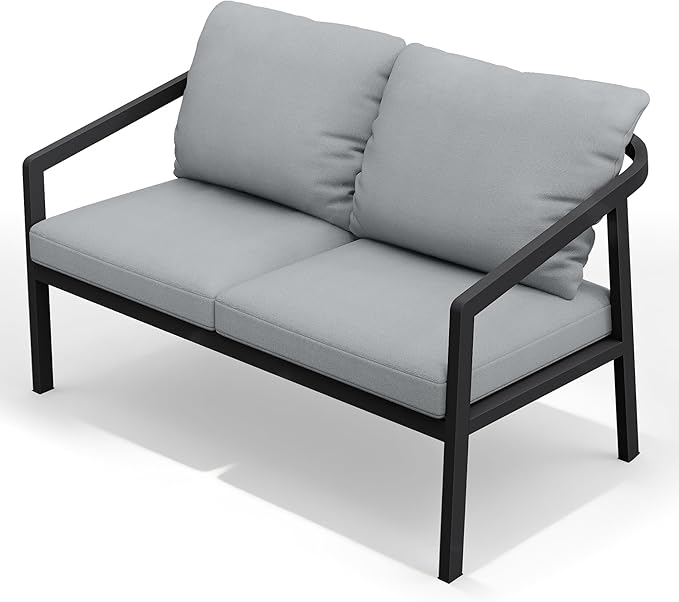 Patio Conversation Sets Outdoor Loveseat Sofa, Aluminum Patio Sofa Chairs with Washable Thick Cushions, Modern All-Weather Patio Furniture Sets for Garden, Backyard, Porch (Black+Grey)