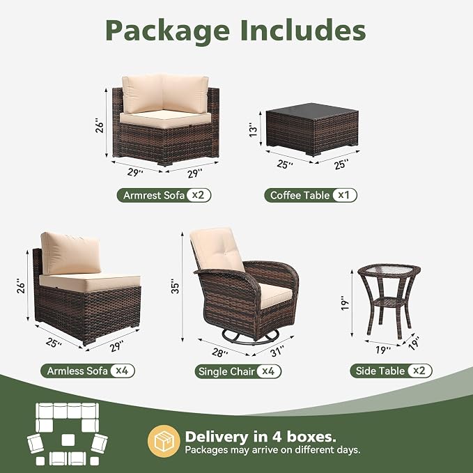 Aoxun 13 Piece Outdoor Patio Furniture Set with Coffee Table, Wicker Rattan Outdoor Furniture with High Back Swivel Rocker Chairs, Outdoor Conversation Set with Thick Cushion & Side Table, Beige