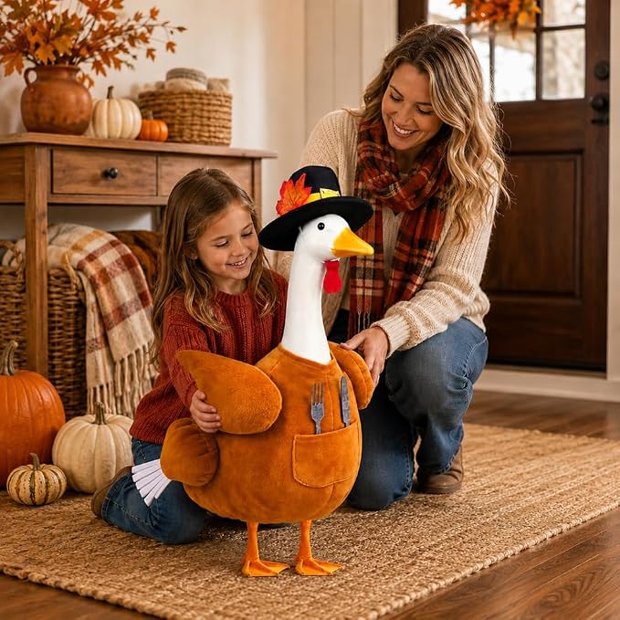 Thanksgiving Turkey Porch Goose Outfit for 23" Lawn Statue Fall Autumn Sculpture Clothes for Plastic/Cement Statue Duck Costume for Garden Patio Yard Lawn Art Decoration