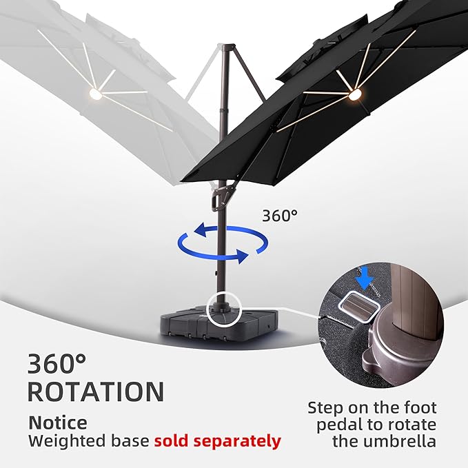 9 X 12 FT Cantilever Outdoor Patio Umbrella with Led Lights Heavy Duty Windproof Double Top Large Rectangle Offset Umbrellas with 360-degree Rotation for Garden Pool Deck Backyard, Black