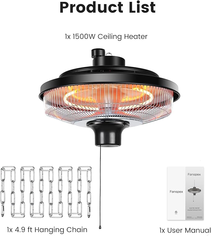 Fanspex Hanging Patio Heater, 1500W Electric Infrared Heaters for Home, Gazebo, Garage, Greenhouse, Ceiling Mount with Overheat Protection, IPX4 Water Resistance, Adjustable Height (Silver)