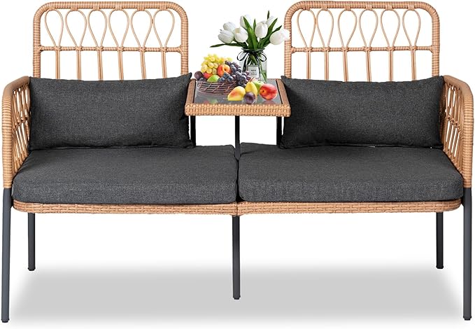 PROHIKER Patio Furniture Outdoor Rattan Loveseat 2-Seat with Built-in Table, Lumbar Pillows and Cushions, All-Weather Wicker Loveseat Porch Chairs for Balcony, Lawn, Backyard