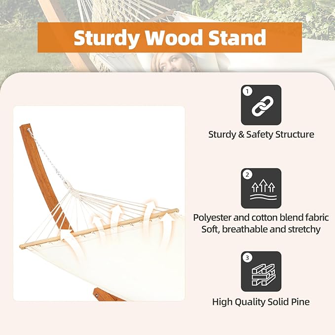ECOTOUGE 14 FT Hammock with Stand, 2 Person Heavy Duty Hammock Stand, Large Hammock Bed for Porch, Patio, Balcony, Garden, Backyard, White-Yellow