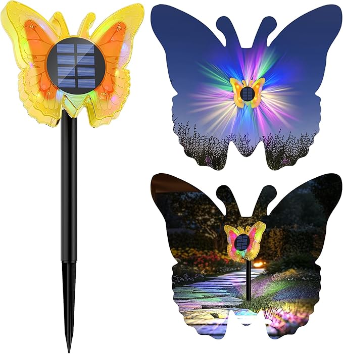 Solar Butterfly Lights Outdoor-Color-Changing 3D Glow-2-in-1 Wall & Ground-Butterfly Lights for Outside-Waterproof Garden Decorations for Patio Lawn Yard Fence Backyard Decor (1 Pack)