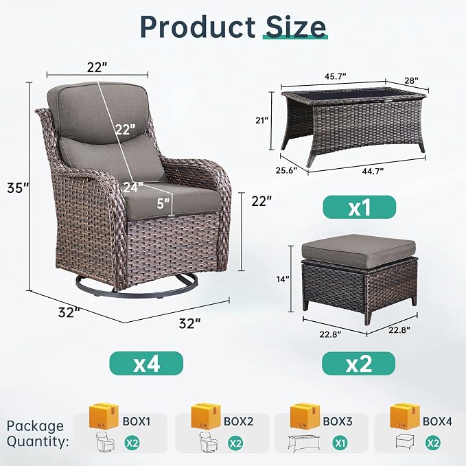 Outdoor Swivel Rocker Patio Chairs Set of 4 with Ottoman Coffee Table - 5" Thick Cushion 7 Piece Furniture Set All Weather Comfortable Wicker Conversation Set for Porch Deck - Brown/Gray